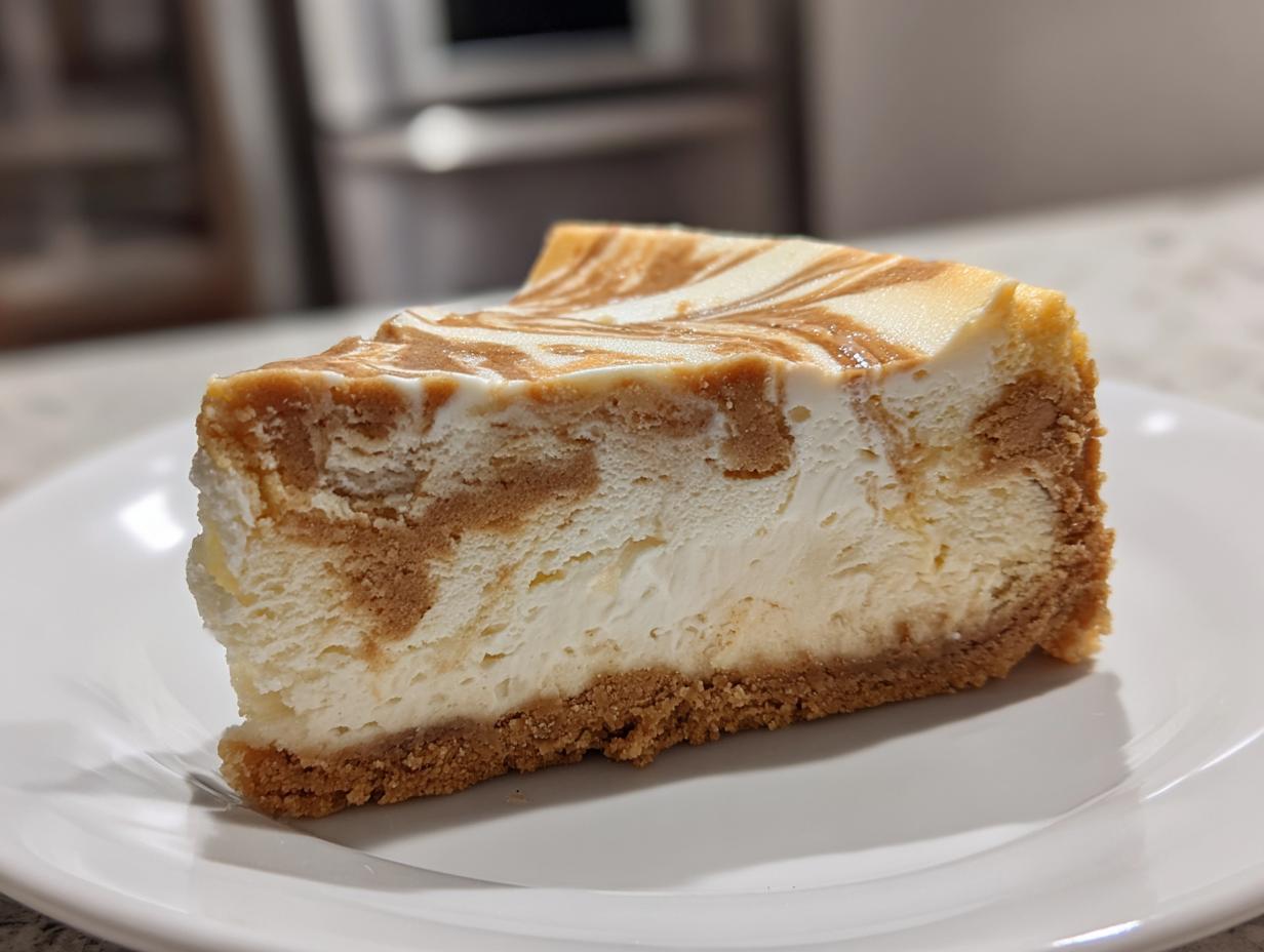 A close-up of a rich slice of sugar cookie cheesecake featuring a graham cracker crust and a marbled top.