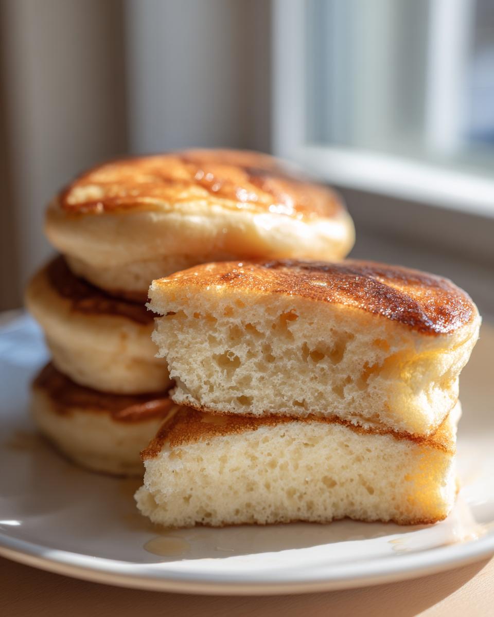 Close-up showing the airy, fluffy interior texture of super fluffy pancakes stacked on a white plate.