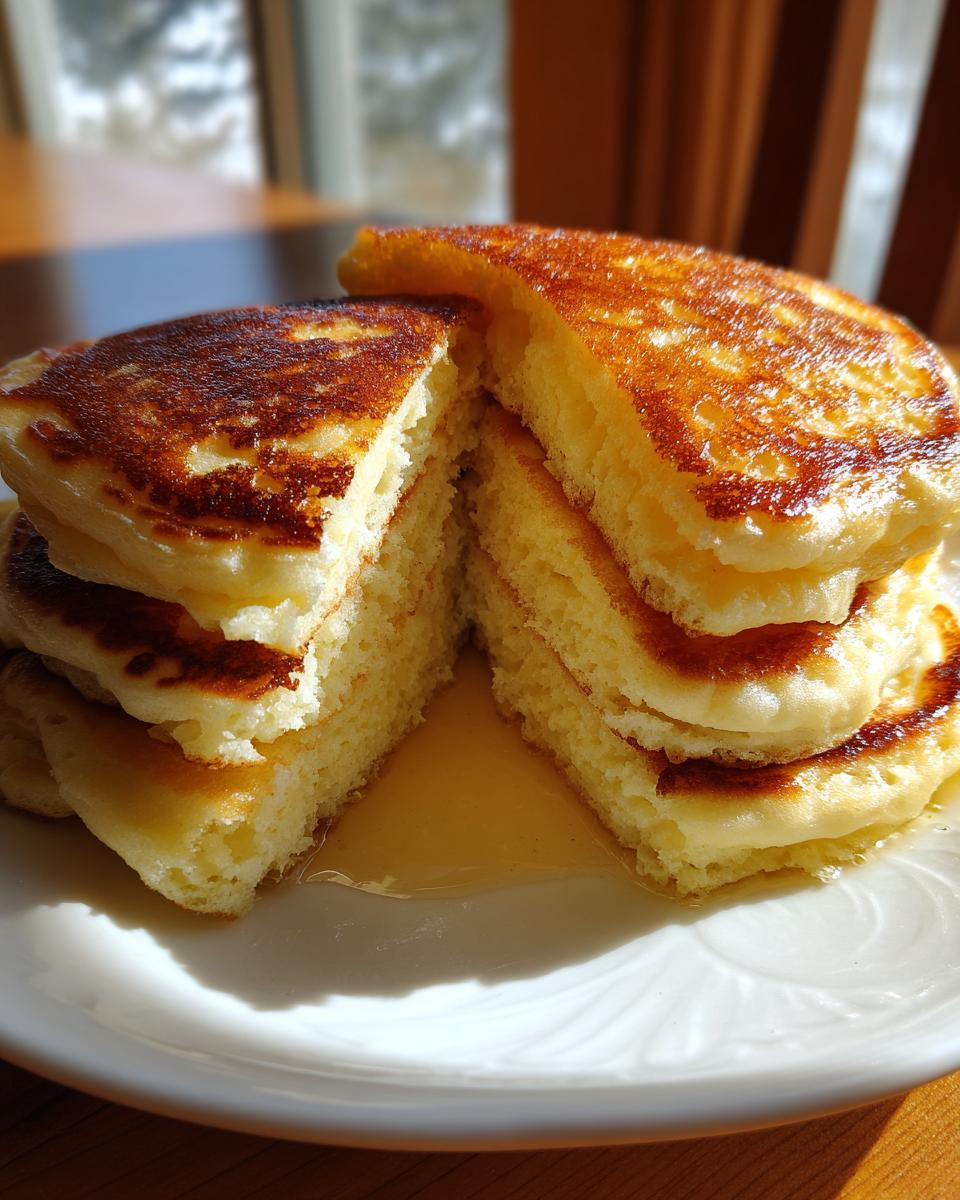 A stack of super fluffy pancakes cut in half, showing the airy interior and golden-brown top, drizzled with syrup.