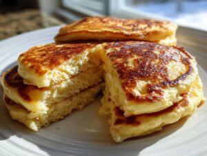 Close-up of a stack of super fluffy pancakes cut in half, showing the light, airy interior texture.