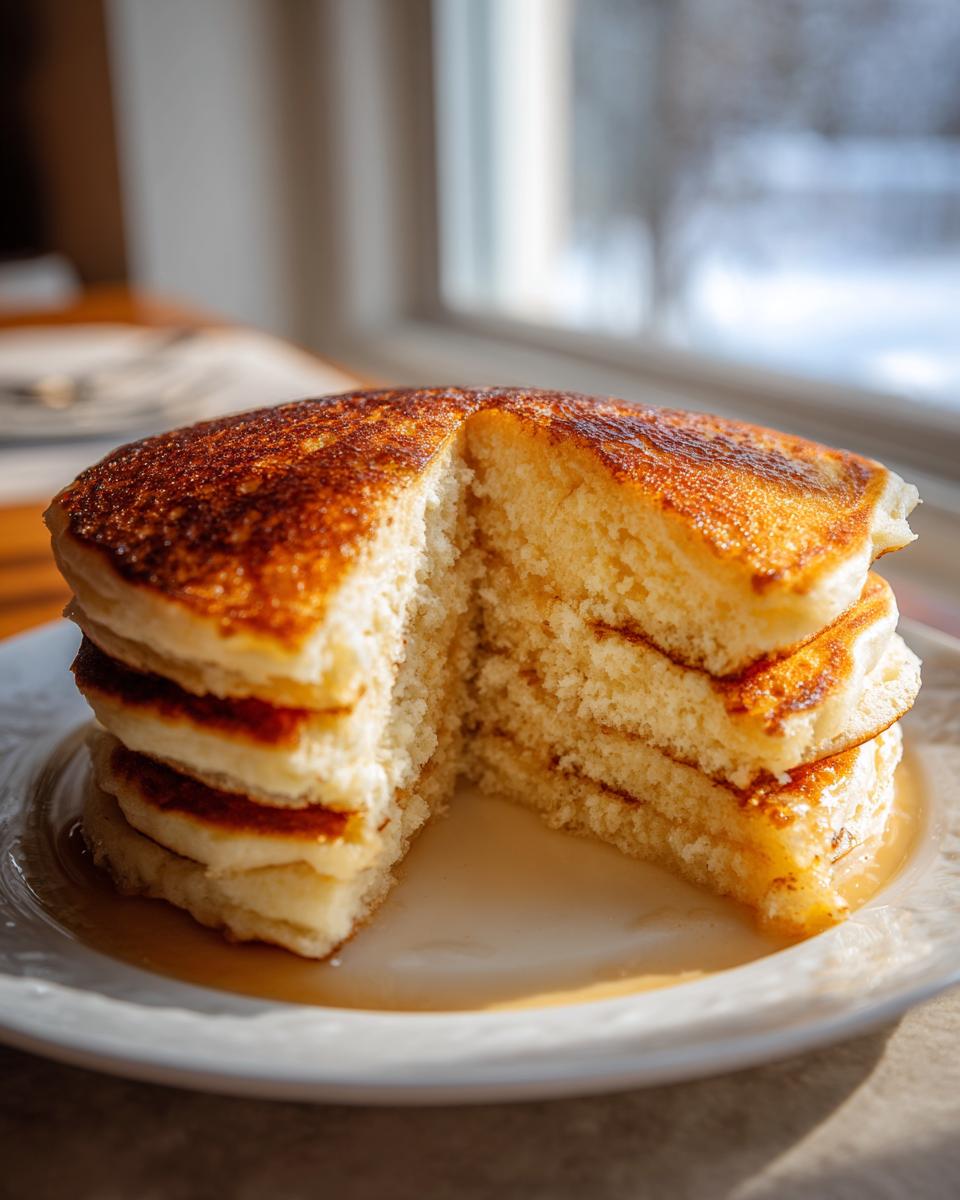A stack of three fluffy pancakes cut to show the airy interior, drizzled with syrup.