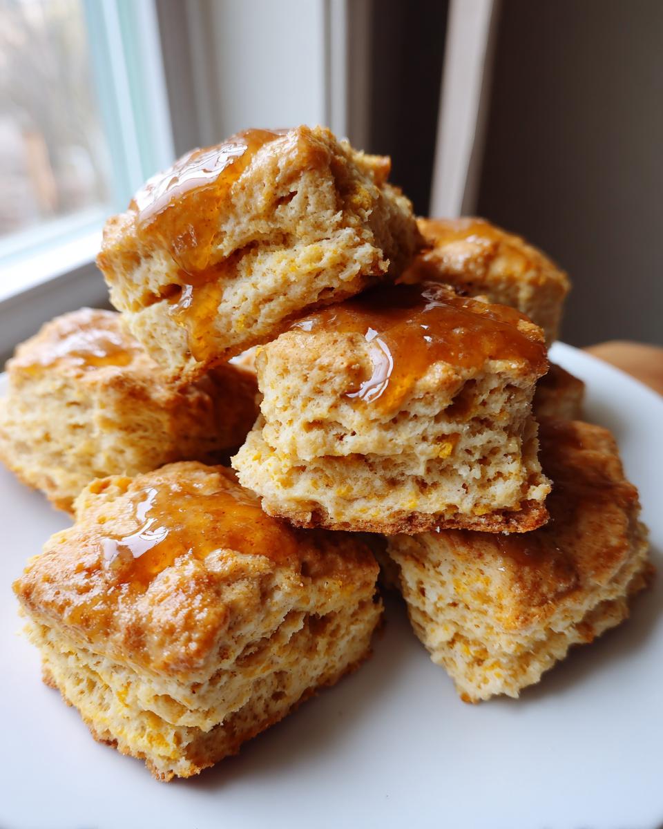 A stack of fluffy, square sweet potato biscuits drizzled with a shiny honey glaze on a white plate.