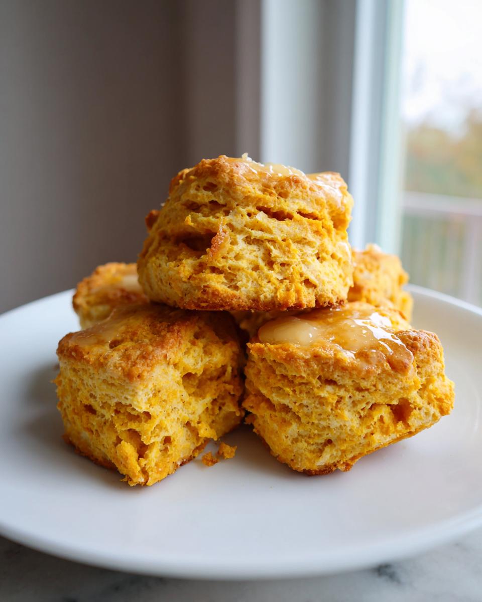 A stack of four golden-orange sweet potato biscuits topped with a light glaze, served on a white plate.