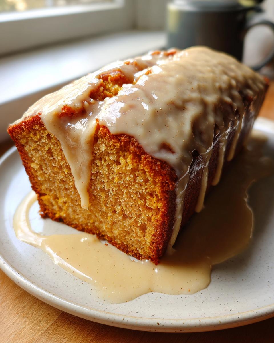 A slice of moist sweet potato pound cake generously topped with a creamy, dripping glaze, resting on a speckled plate.