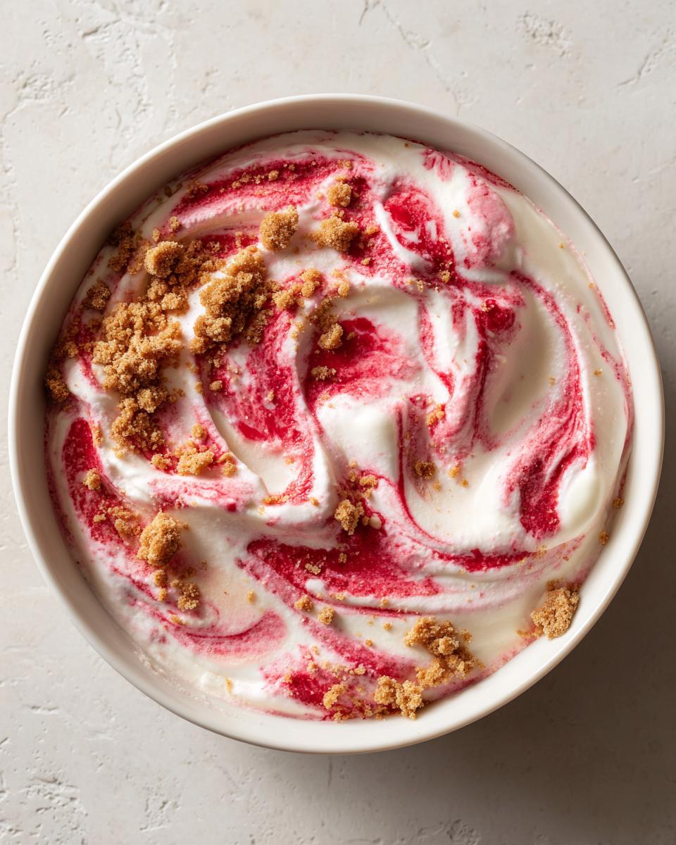 Overhead view of creamy strawberry cheesecake dip swirled with bright red fruit sauce and topped with graham cracker crumbs.