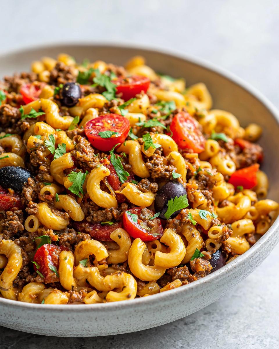 A close-up of a bowl filled with vibrant taco pasta salad featuring elbow macaroni, seasoned ground meat, halved cherry tomatoes, and black olives.