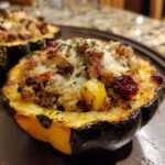 A close-up, appetizing view of a baked stuffed acorn squash half filled with savory stuffing, melted cheese, and cranberries.