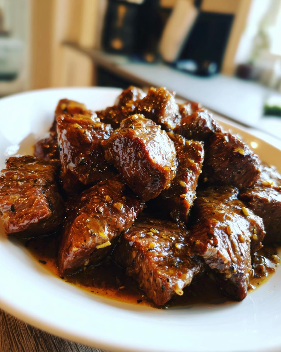 Close-up of tender crockpot steak pieces coated in a glossy, savory brown sauce with visible seasonings.