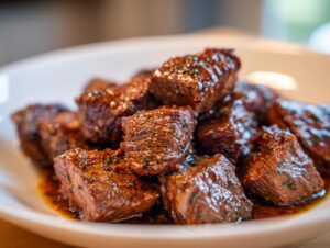 Close-up of tender, saucy cubes of crockpot steak served on a white plate.