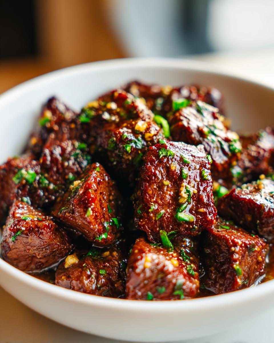 Close-up of tender crockpot steak cut into cubes, coated in a rich, dark sauce with visible garlic and parsley.
