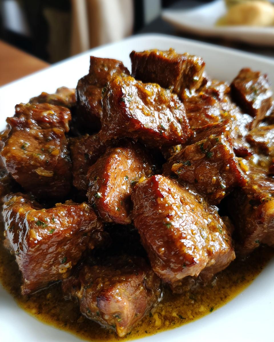 Close-up of tender, cubed crockpot steak coated in a rich, savory brown sauce with visible herbs.