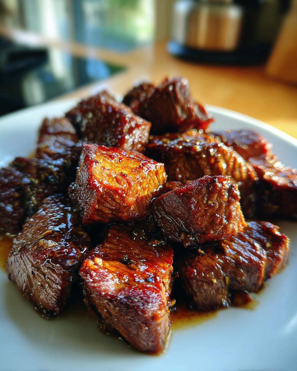 Close-up of tender, saucy cubes of crockpot steak piled on a white plate, glistening under warm light.