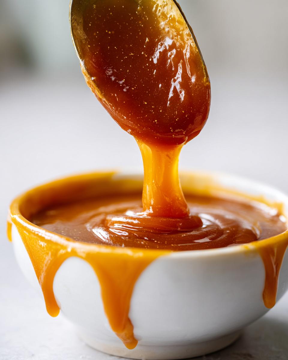 Close-up of thick, glossy caramel sauce being drizzled from a spoon into a small white bowl.