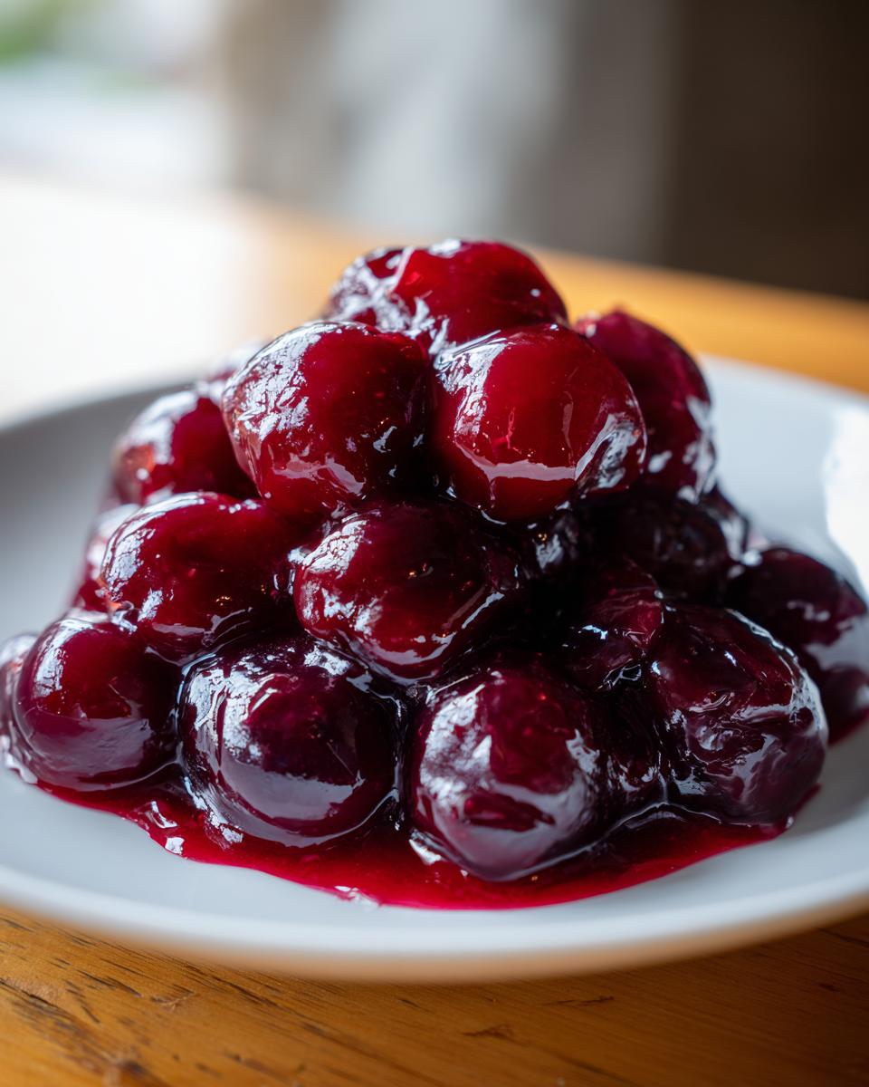 Close-up of a mound of glossy, deep red cherry pie filling with whole cherries on a white plate.