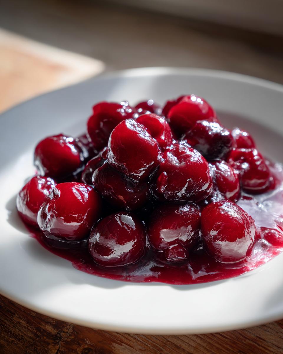 Close-up of glistening, deep red cherry pie filling piled high on a white plate.