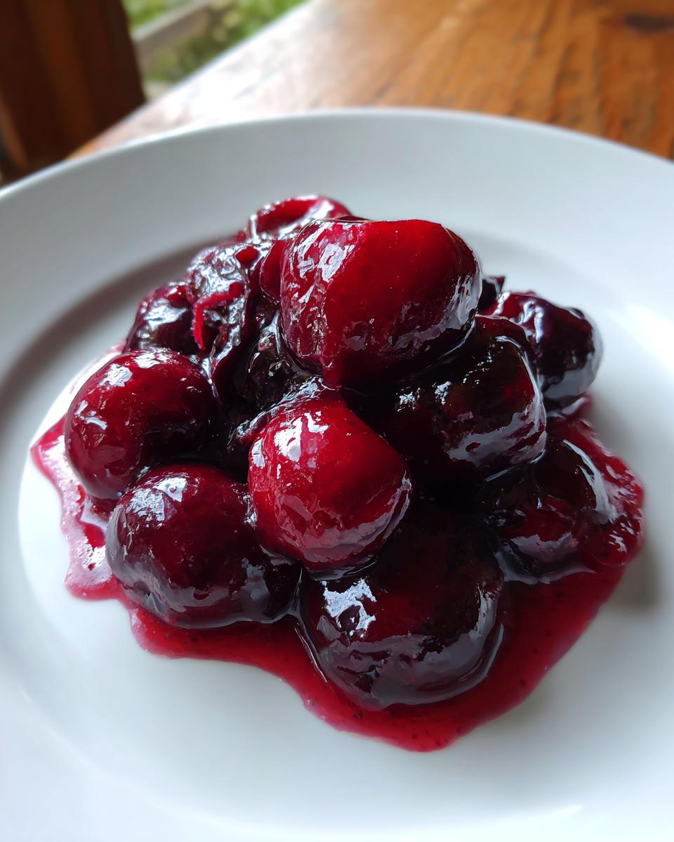 Close-up of glossy, thick cherry pie filling piled on a white plate, showing whole, deep red cherries.