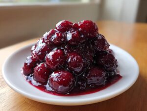 A mound of thick, glossy homemade cherry pie filling served on a small white plate.