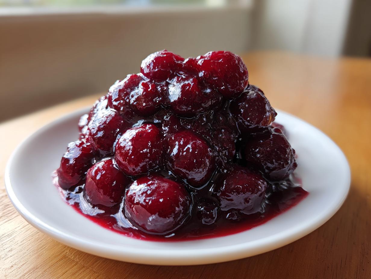 A mound of thick, glossy homemade cherry pie filling served on a small white plate.