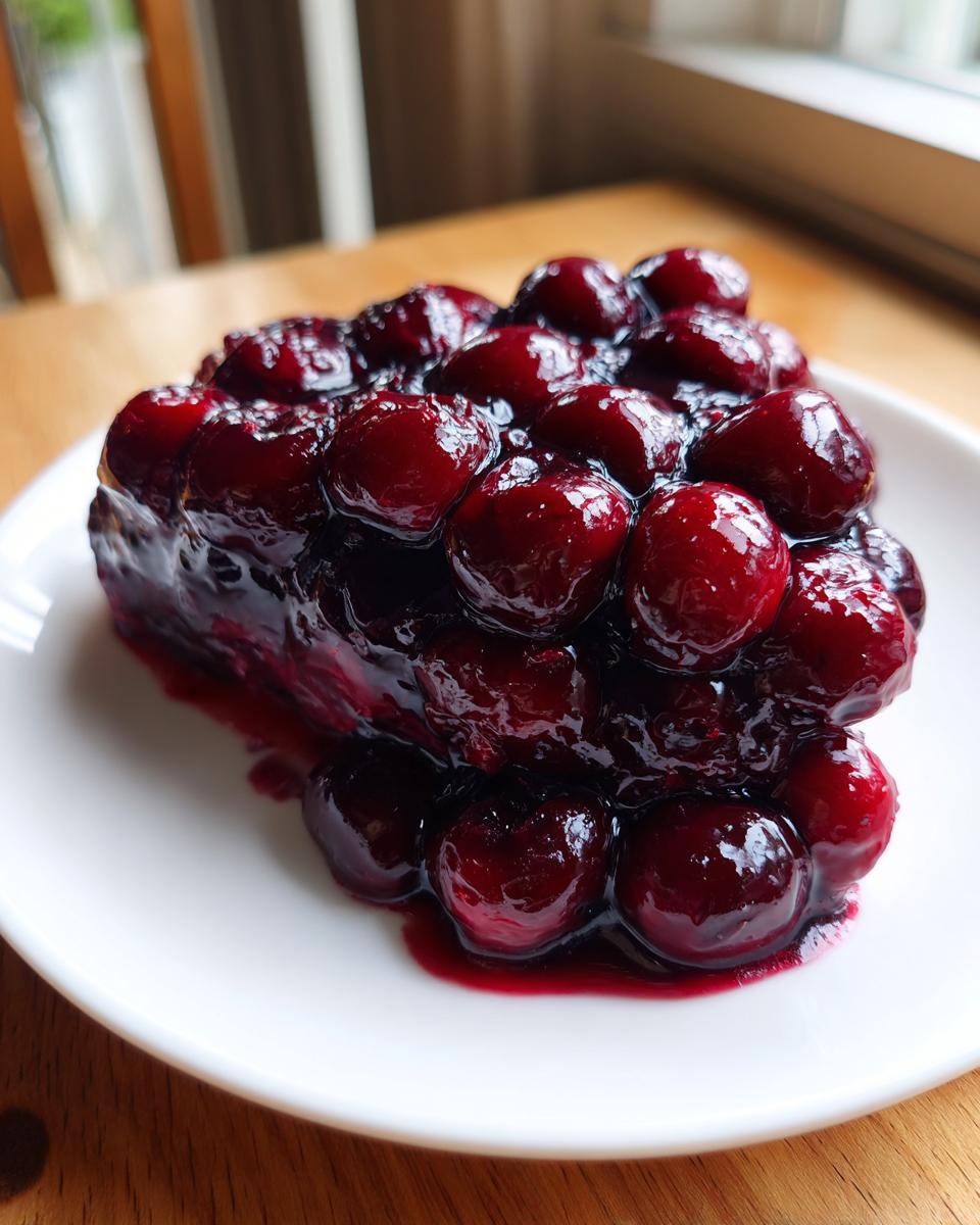 A close-up of a thick slice of dessert generously topped with glossy, homemade cherry pie filling.
