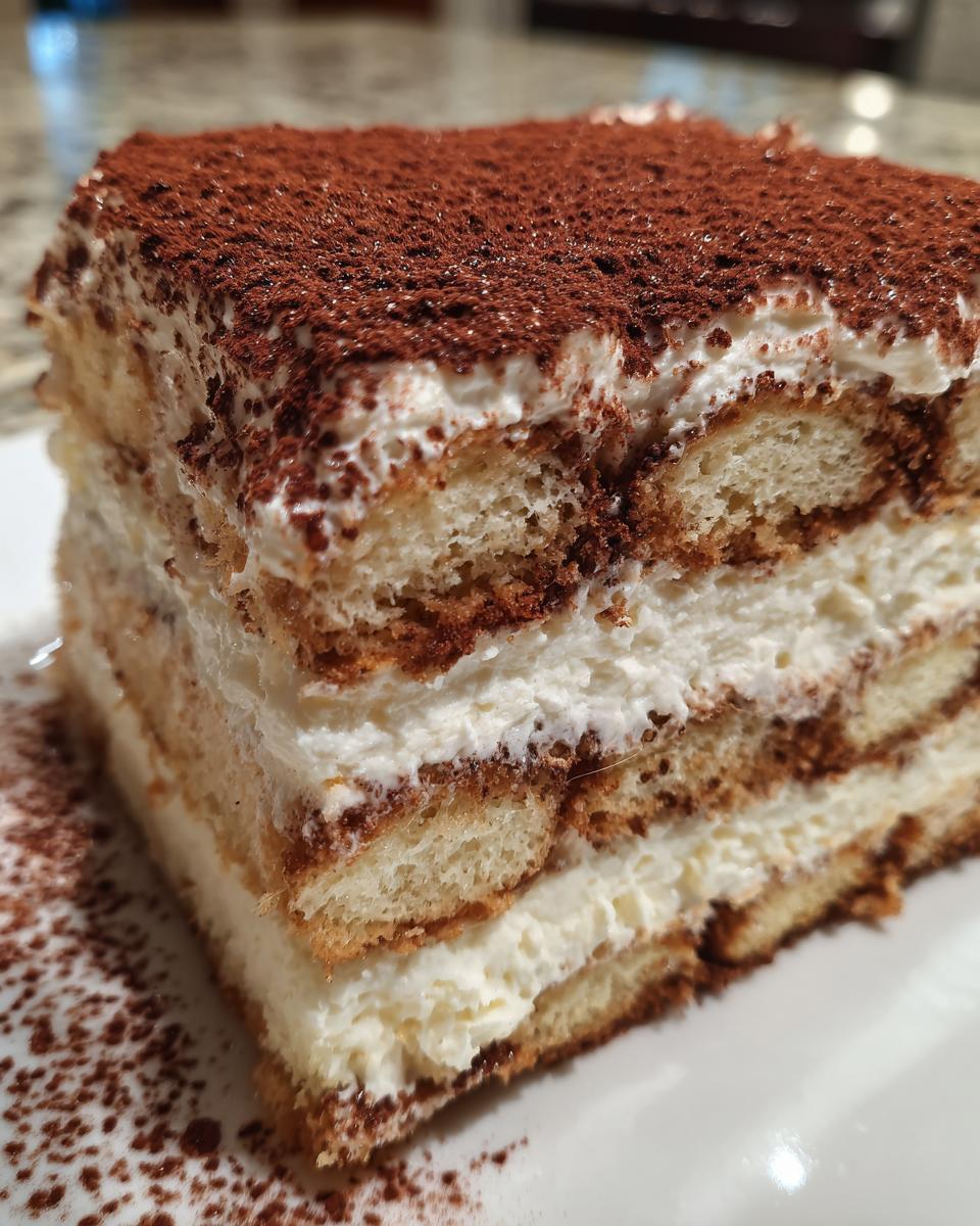Close-up of a layered slice of tiramisu cheesecake showing ladyfingers, cream filling, and a heavy dusting of cocoa powder.