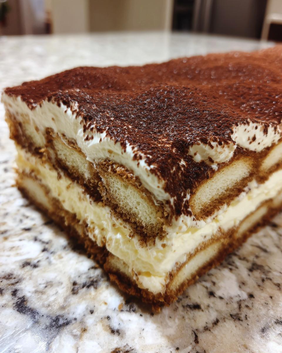 Close-up of a layered slice of tiramisu cheesecake showing ladyfingers, cream filling, and a dusting of cocoa powder.