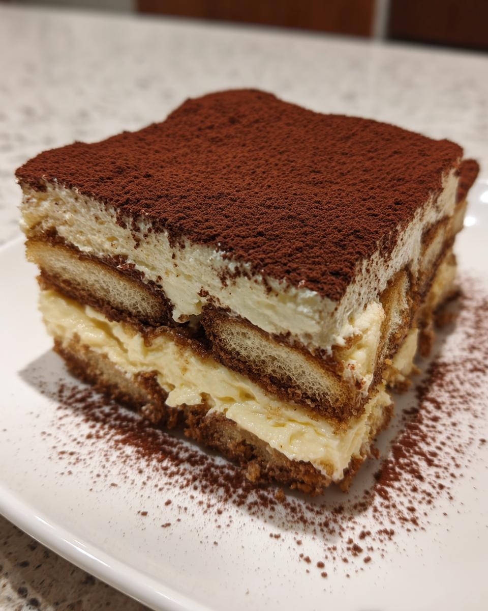 A square slice of rich tiramisu cheesecake layered with ladyfingers and cream, topped with dark cocoa powder.