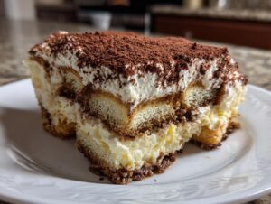 Close-up of a rich slice of tiramisu cheesecake featuring layers of ladyfingers, cream, and a dusting of cocoa powder.