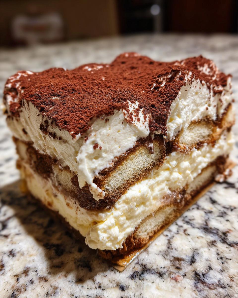 Close-up of a rich slice of tiramisu cheesecake showing layers of cream, ladyfingers, and a heavy dusting of cocoa powder.