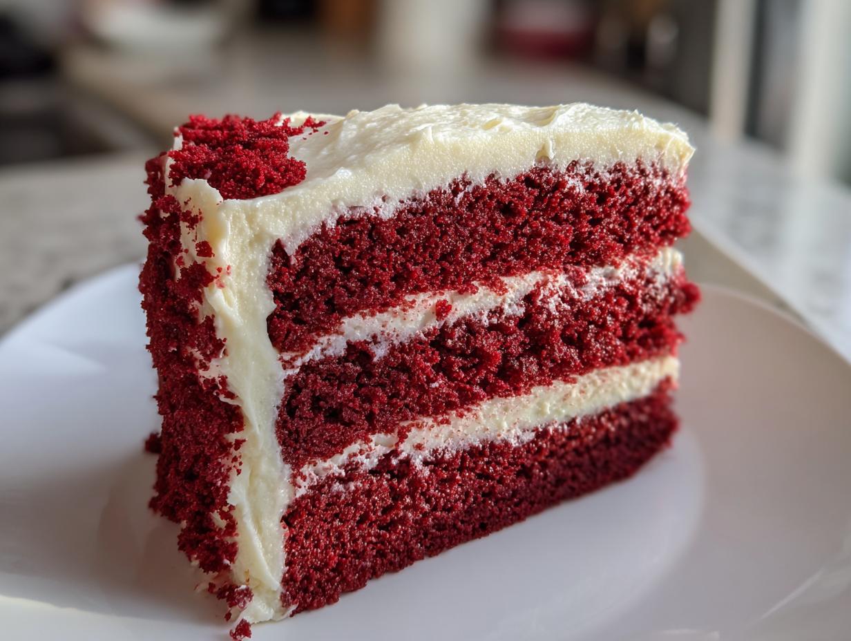 A perfect slice of rich, two-layer red velvet cake with thick cream cheese frosting.