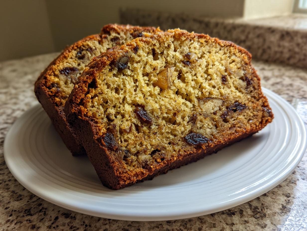 Two thick slices of moist date nut bread showing raisins and walnuts, served on a white plate.
