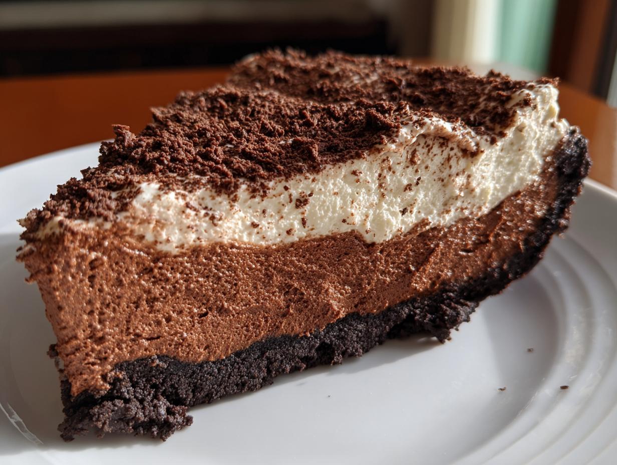 A rich slice of chocolate mousse pie showing dark crust, light chocolate mousse, white cream layer, and chocolate shavings.