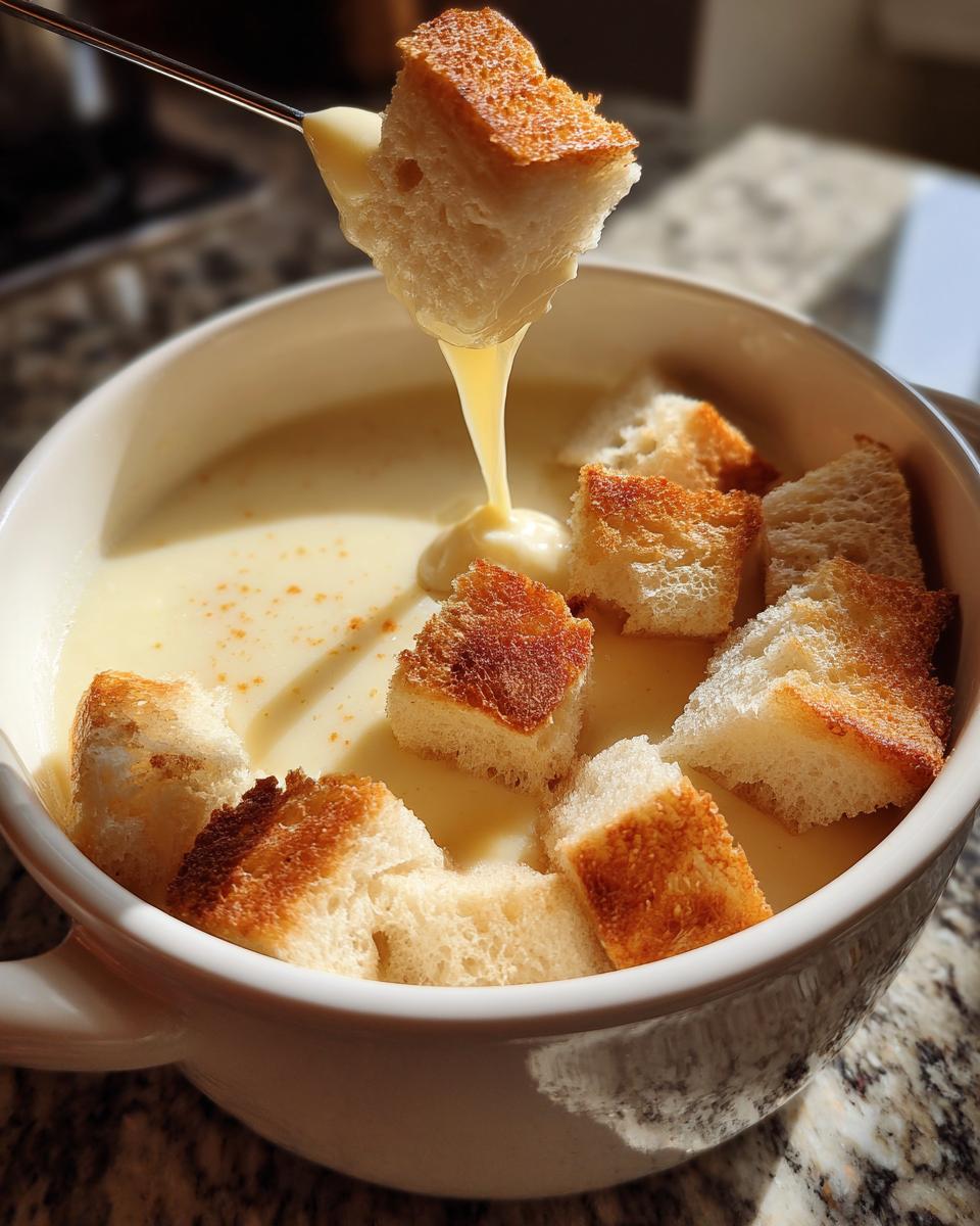 A piece of toasted bread is dipped into a bowl of creamy, velvety cheese fondue, dripping slightly.