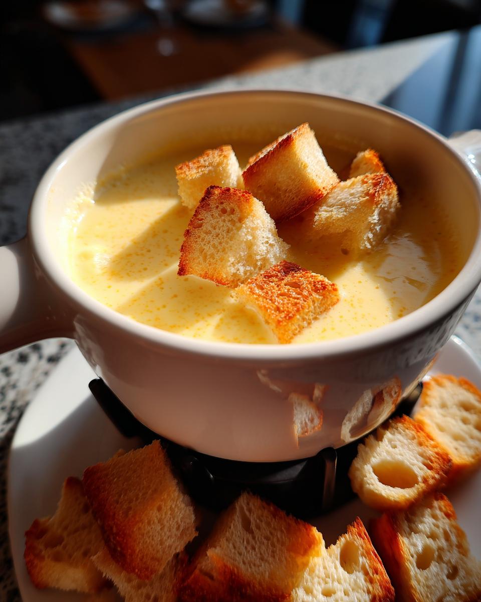 Close-up of a white bowl filled with creamy, yellow cheese fondue, topped with toasted bread cubes.