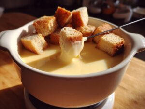 A cube of toasted bread is dipped into a pot of warm, velvety cheese fondue using a long fork.
