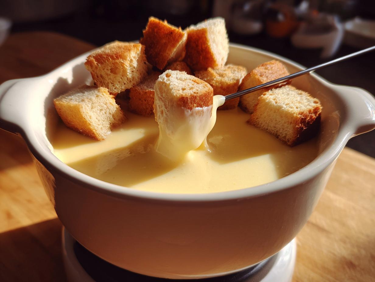 A cube of toasted bread is dipped into a pot of warm, velvety cheese fondue using a long fork.