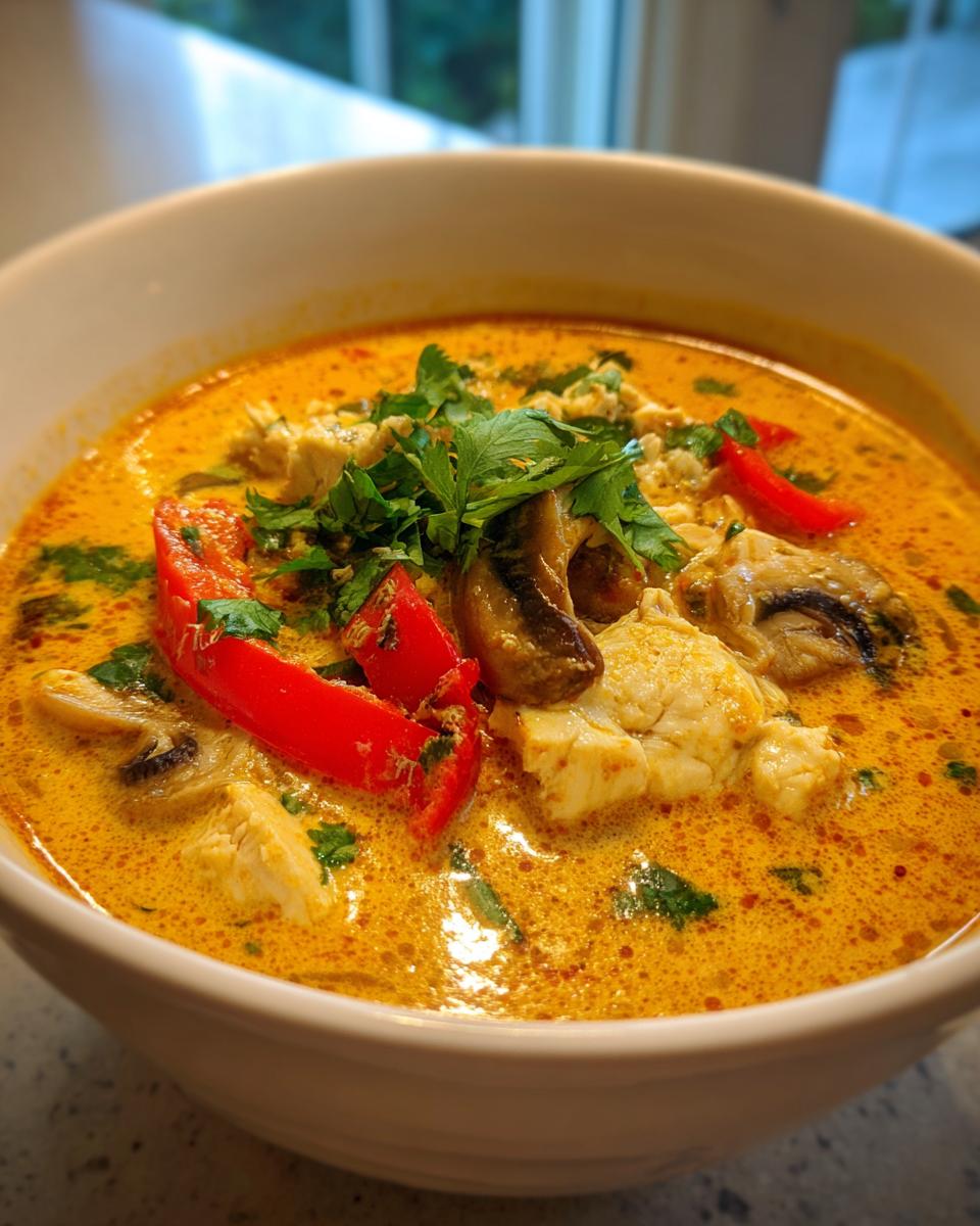 A close-up view of a vibrant, orange-yellow coconut curry soup topped with chicken, red peppers, mushrooms, and fresh cilantro.