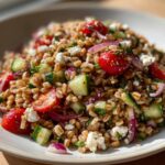 A close-up shot of a vibrant farro salad mixed with chopped cucumbers, red onion, cherry tomatoes, and feta cheese.