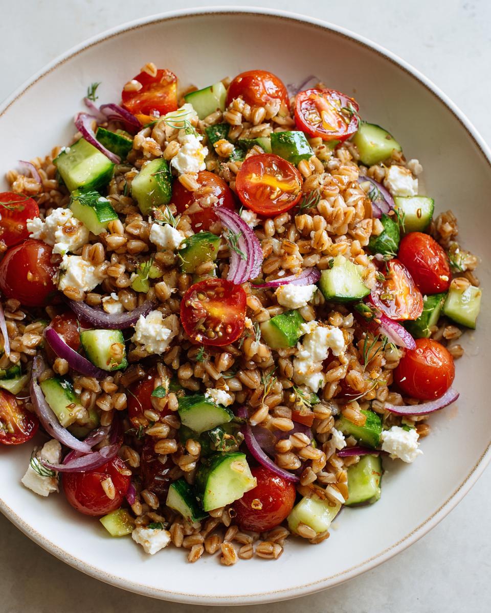 Close-up of a vibrant farro salad featuring cooked farro, cherry tomatoes, cucumber chunks, red onion, and feta cheese.