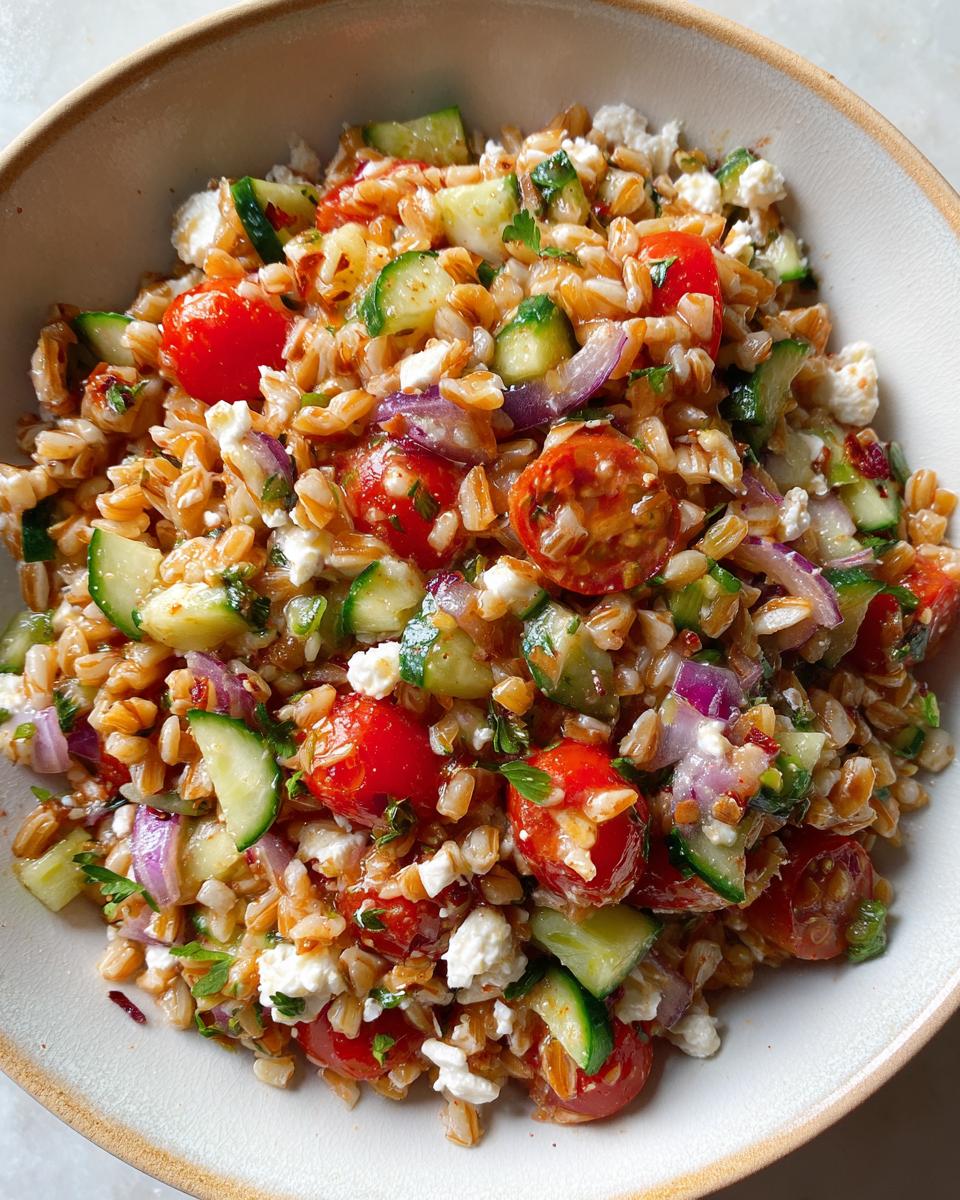 Close-up of a hearty farro salad mixed with halved cherry tomatoes, chopped cucumber, red onion, and feta cheese.