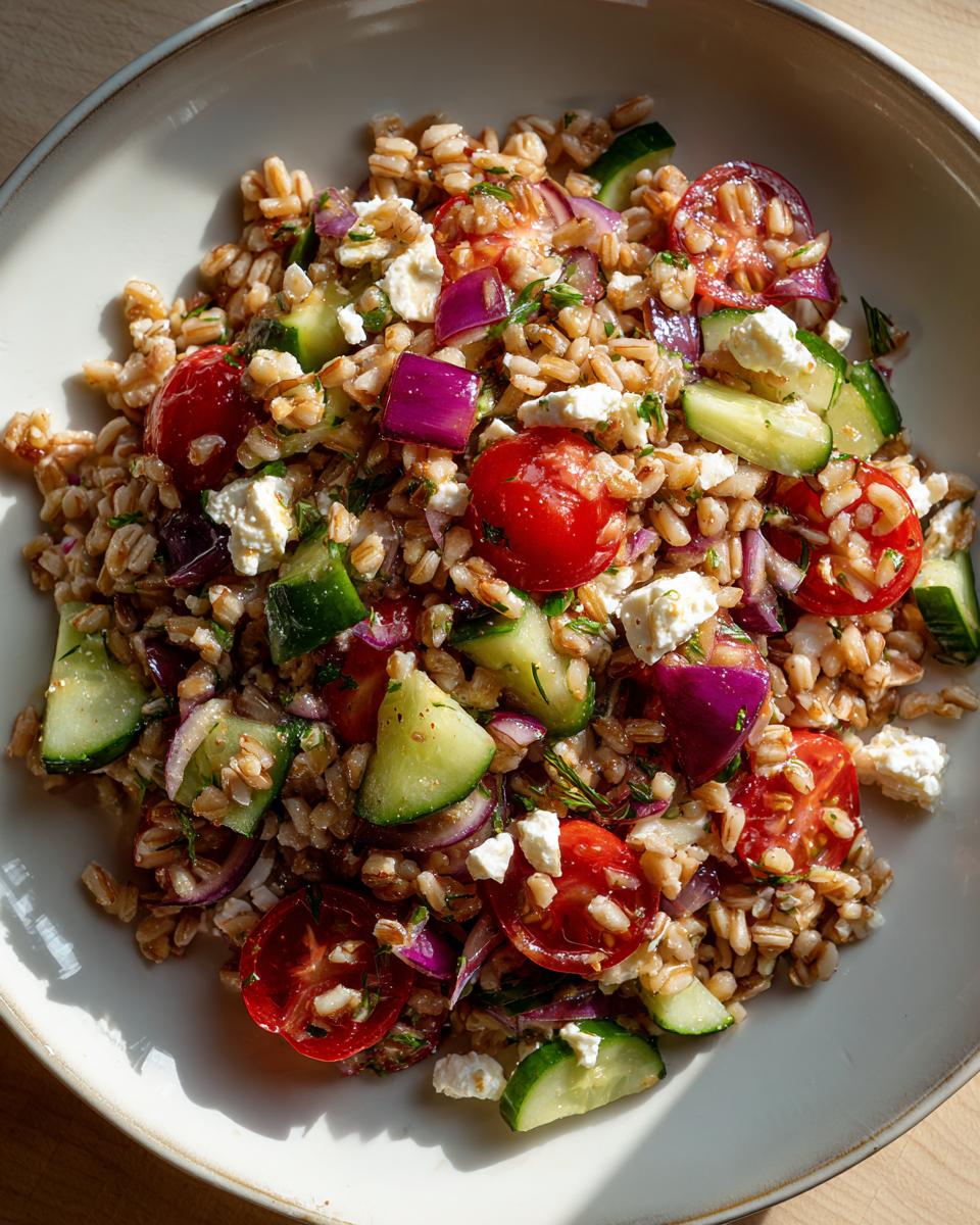 A vibrant close-up of a healthy farro salad mixed with cherry tomatoes, cucumber, red onion, and feta cheese.