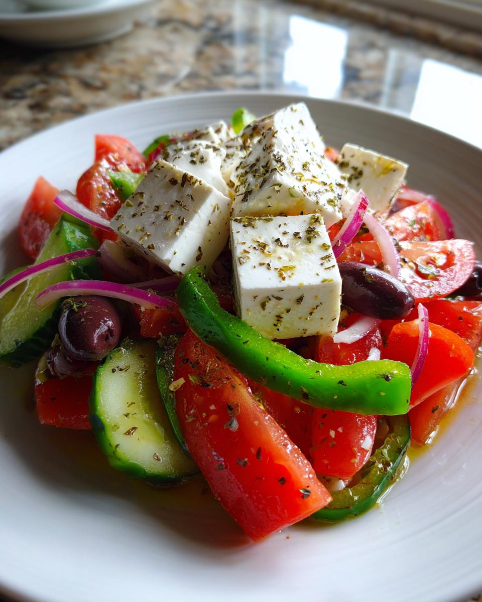 Close-up of a vibrant greek salad featuring large cubes of feta cheese, tomatoes, cucumbers, red onion, and olives.