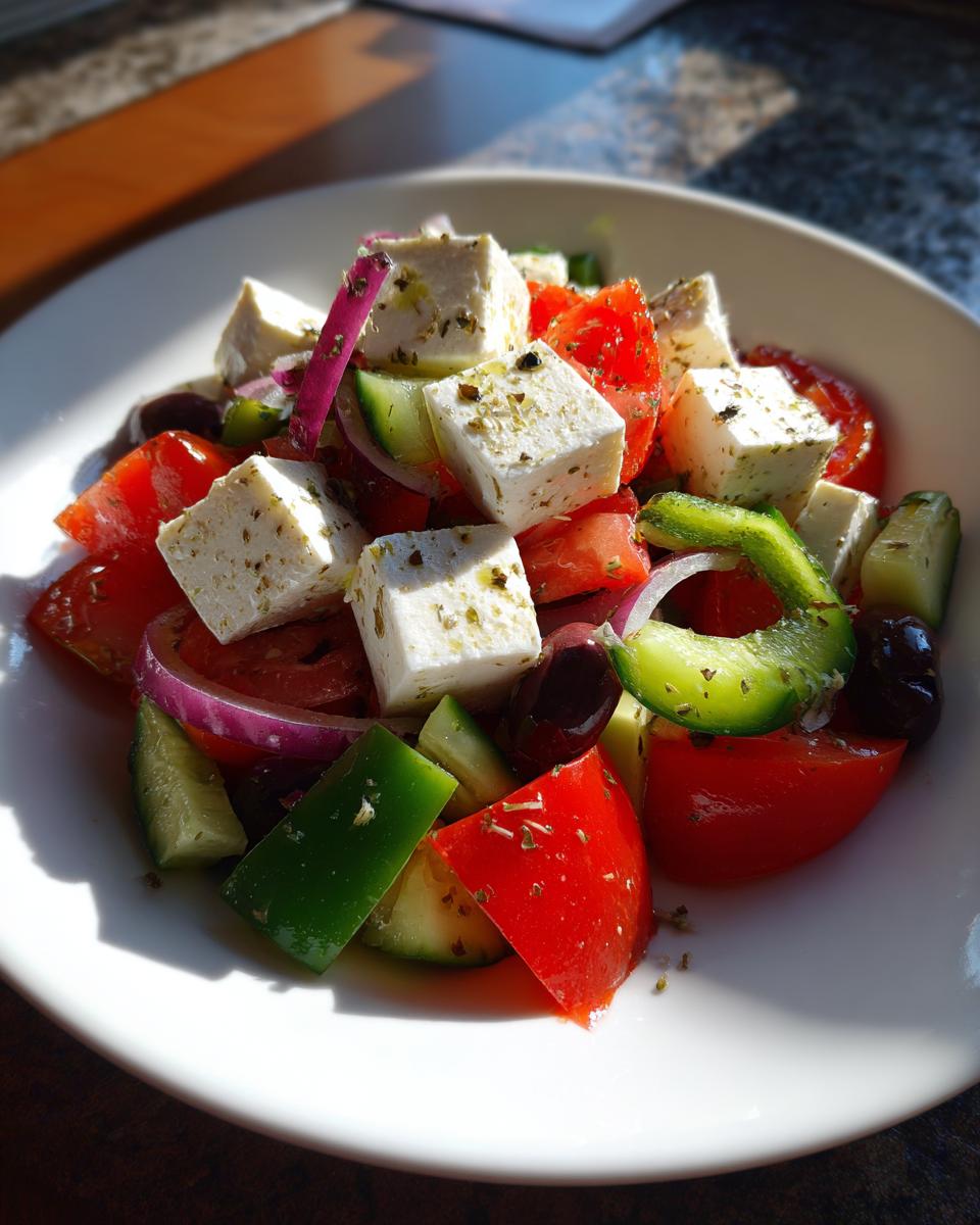 Close-up of a fresh greek salad featuring large cubes of feta, tomatoes, cucumbers, red onion, and olives.