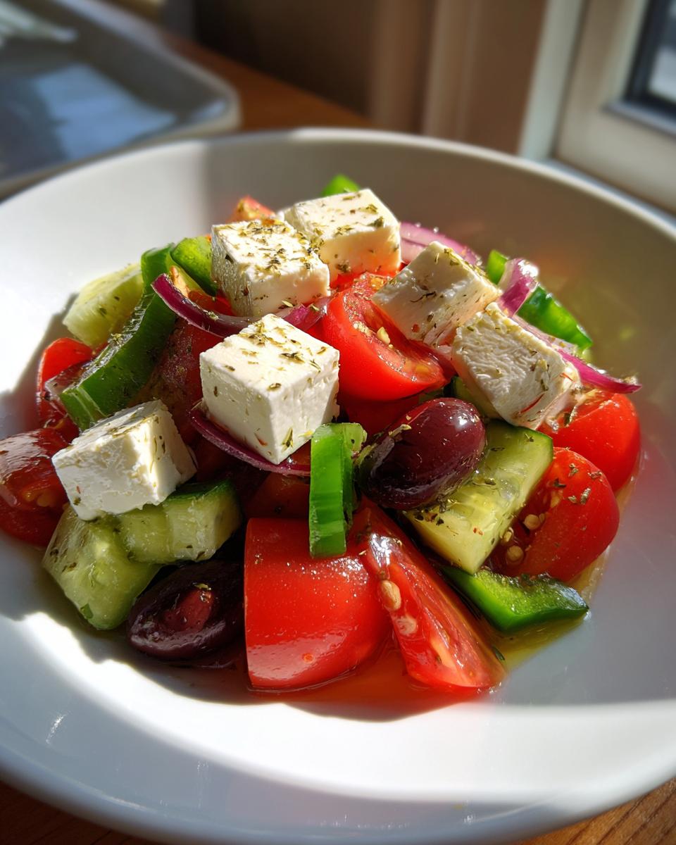 Close-up of a vibrant greek salad featuring large cubes of feta cheese, chopped tomatoes, cucumbers, red onion, and Kalamata olives.