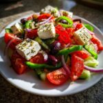 Close-up of a vibrant greek salad featuring large chunks of feta, tomatoes, cucumbers, green peppers, and Kalamata olives.