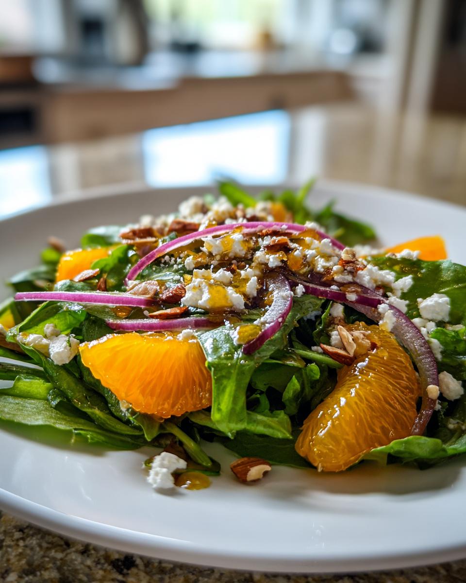 Close-up of a vibrant mandarin orange salad featuring greens, bright orange segments, red onion, feta cheese, and nuts.