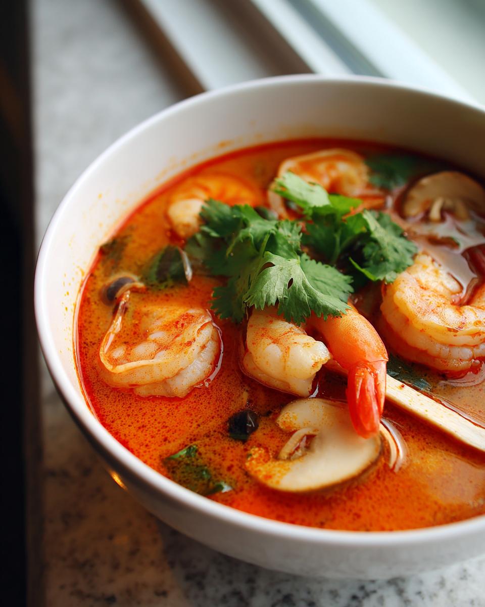 Close-up of a white bowl filled with rich, orange-red tom yum soup featuring plump shrimp and sliced mushrooms, garnished with fresh cilantro.