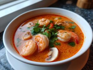 Close-up of a white bowl filled with rich, orange tom yum soup, featuring plump shrimp and fresh cilantro.