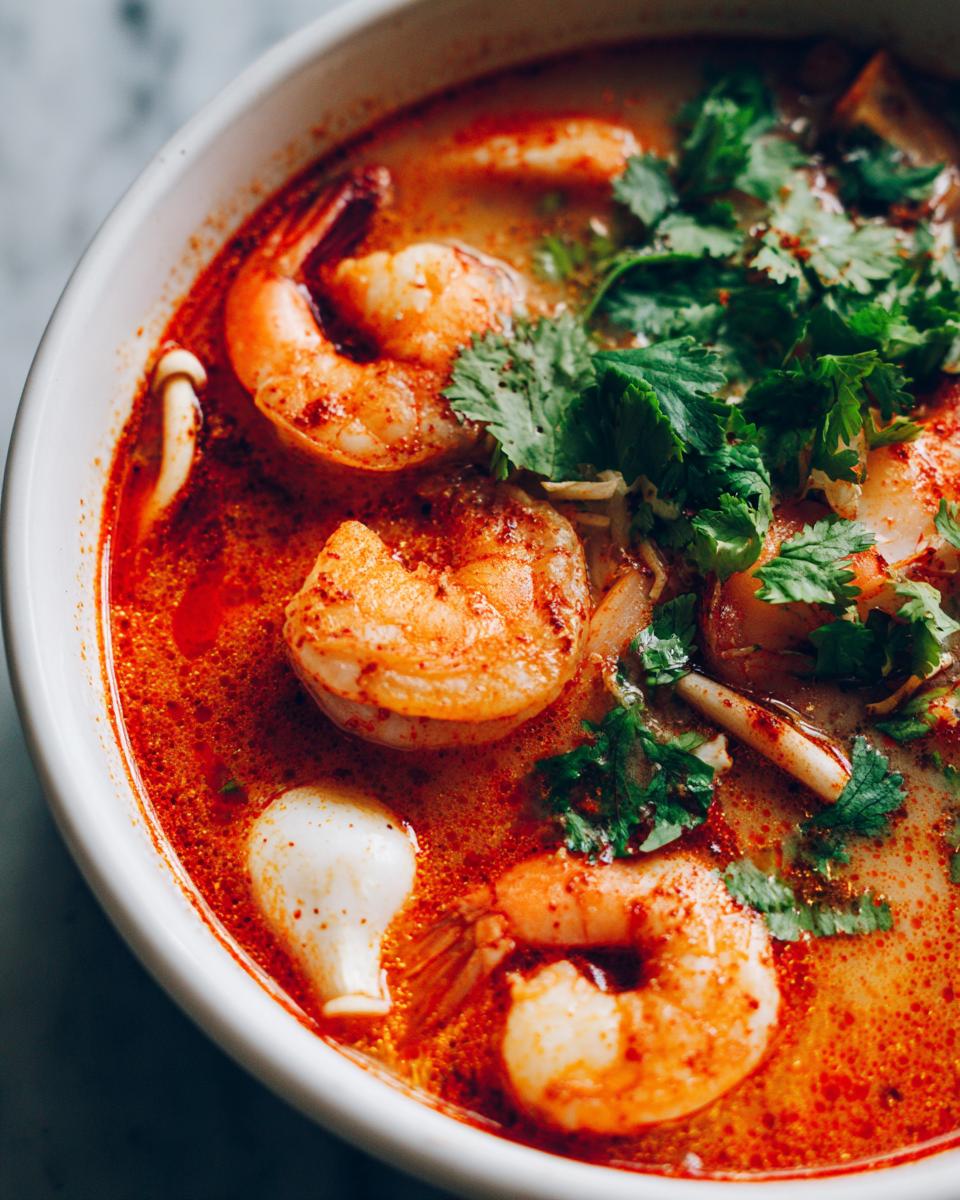 Close-up of a vibrant, creamy red tom yum soup filled with large shrimp, mushrooms, and fresh cilantro garnish.