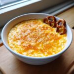 A white bowl filled with hot, gooey beer cheese dip topped with melted cheddar cheese, garnished with two small pretzels.