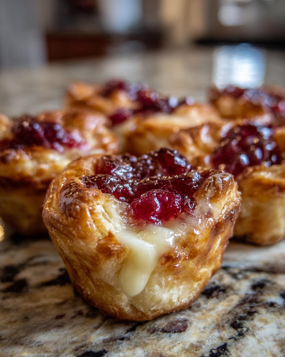 Close-up of a warm, flaky pastry cup filled with melted brie cheese and topped with bright red cranberry sauce, showcasing gooey brie bites.